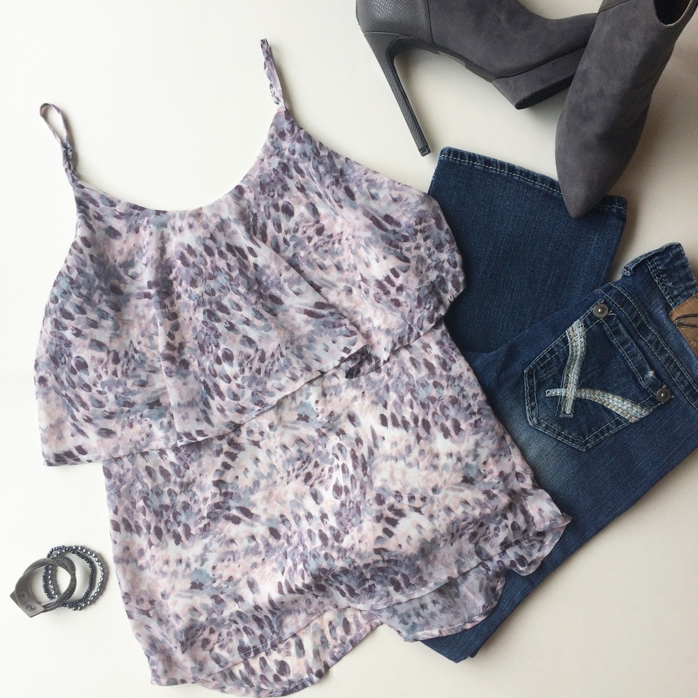Ruffled Tank Top Gray Pink Watercolor | Maurices